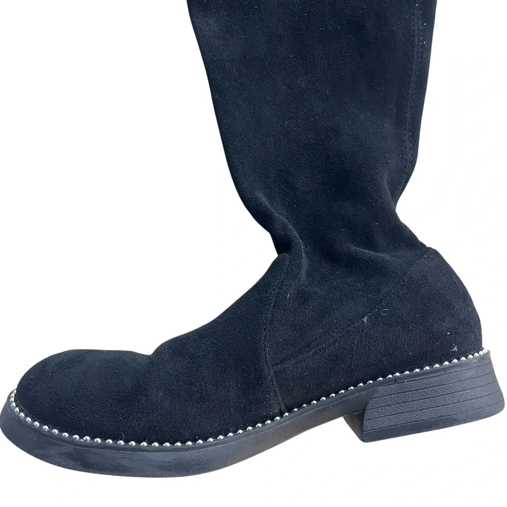 Women 35 Black Stretch Suede Silver Studded Knee High Tie Detail Flat Sole Boots